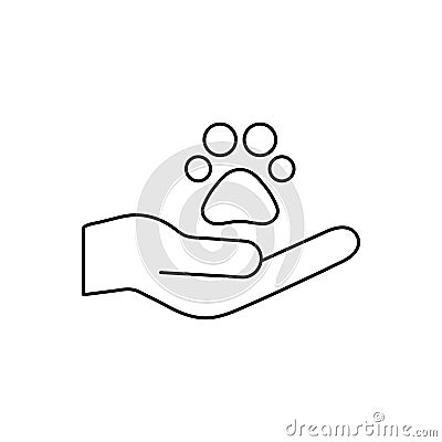 Animals help concept. Animal footprint paw and human hand. Voluntary line icon. Vector Illustration